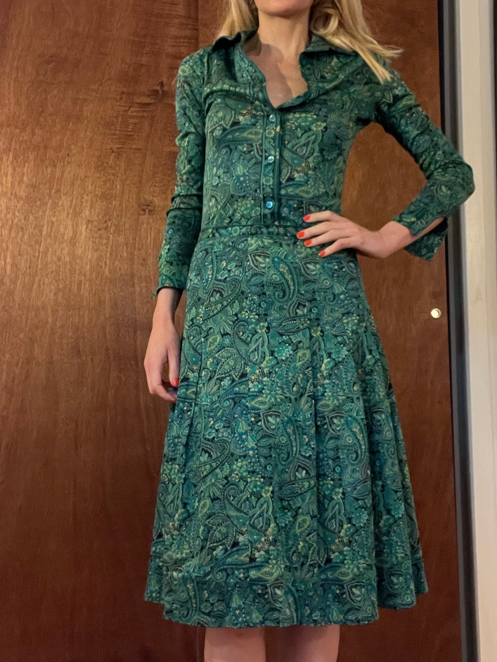 Green Paisley Fit-and-Flare Shirt Dress